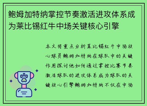 鲍姆加特纳掌控节奏激活进攻体系成为莱比锡红牛中场关键核心引擎 鲍姆加特纳掌控节奏激活进攻体系成为莱比锡红牛中场关键核心引擎