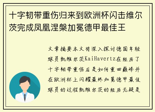 十字韧带重伤归来到欧洲杯闪击维尔茨完成凤凰涅槃加冕德甲最佳王
